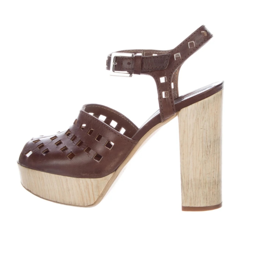 Euc Marni Brown Laser Cut Brown Block Heel Open Toe Platform Size 38
